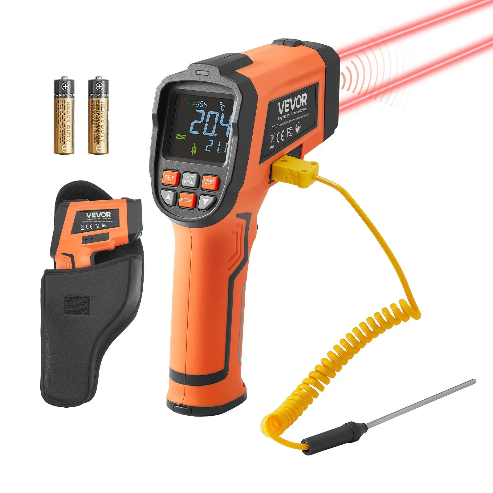 VEVOR Infrared Thermometer, -22 to 2912 Dual-Mode IR Thermometer Gun with K-Type Thermocouple, Dual Laser Heat Temperature Gun Non-Contact for Metal Smelting/Engine/Industry/Cooking (Not for Human)