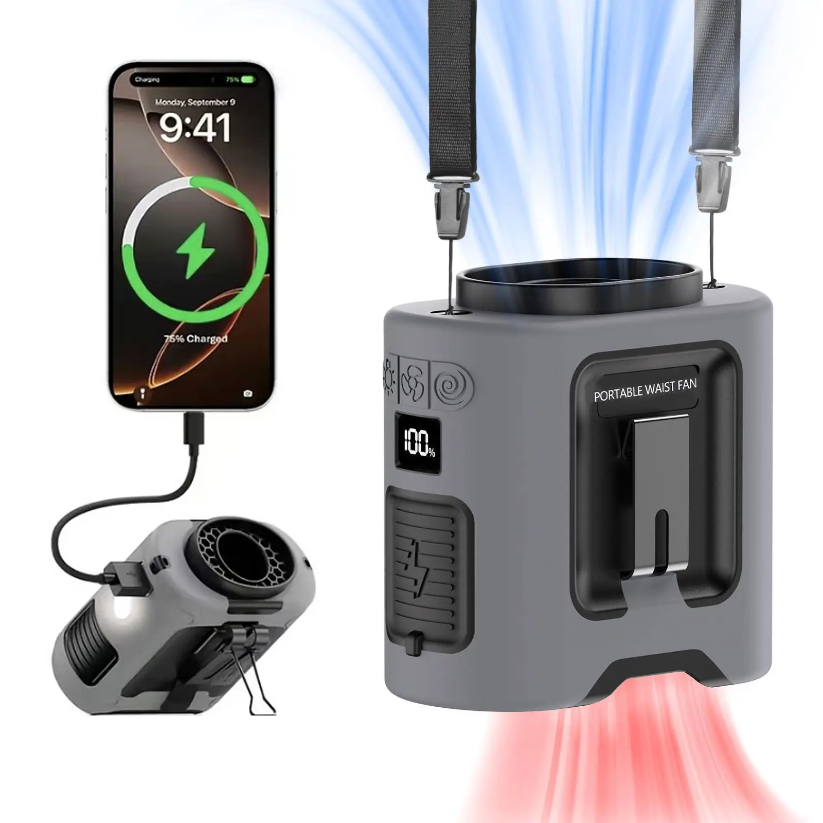 10000mAh Wearable Waist Fan - 5 Speed Adjustable Hands-Free Cooling Fan with LED Light, 40H Long Battery Life for Outdoor, Jobsite, Travel, Cycling, Sports Turbo Fan