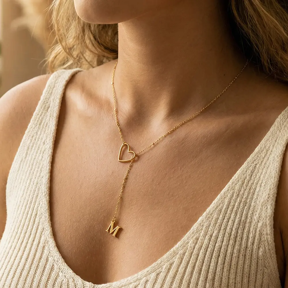 14K Gold Plated Initial Heart Pendant Necklace Dainty Layered Y Chain Personalized Hollow Heart Letter A-Z Long Necklace Sunshine Beach Jewelry Gift