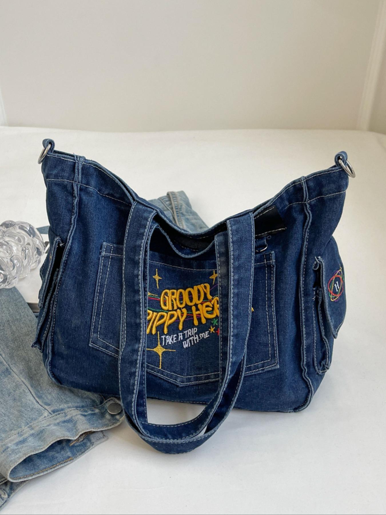 College student tote bag for girls large capacity denim trend new style one-shoulder crossbody handbag niche design backpack, college, outdoor, sports, travel, outing, shopping, vacation, vacation, fashion niche design, women bag