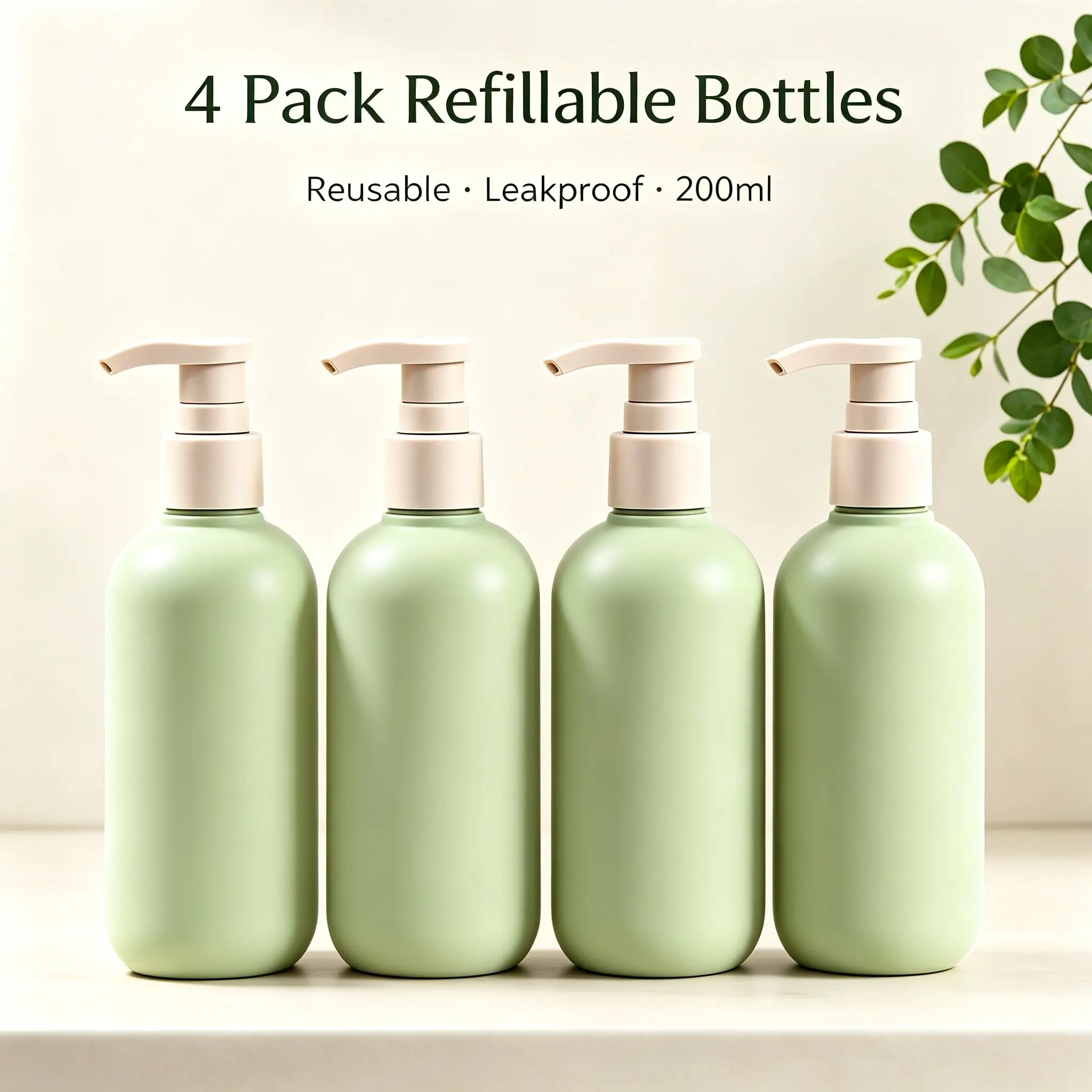 4Pcs 200ml Matte Matcha Green Minimalist Refillable Pump Dispenser Bottles, Leak-Proof Eco-Friendly Shampoo, Conditioner & Body Wash Container Set for Bathroom, Kitchen & Travel