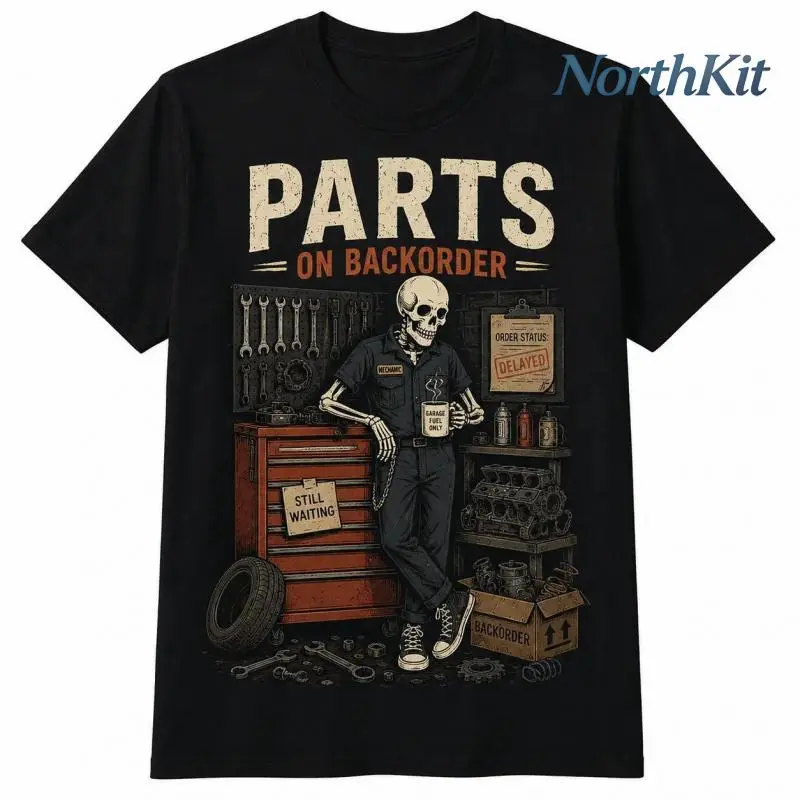 Unisex "Waiting On Parts" Funny Skeleton Printed Image T-Shirt, 100% Fabric Classic Fit Casual Tee, Short-Sleeve Auto Mechanic Technician Top for Couples, Trendy Street Style Summer Sports Top, Unisex Sizes, Shortsleeve, Round Neck