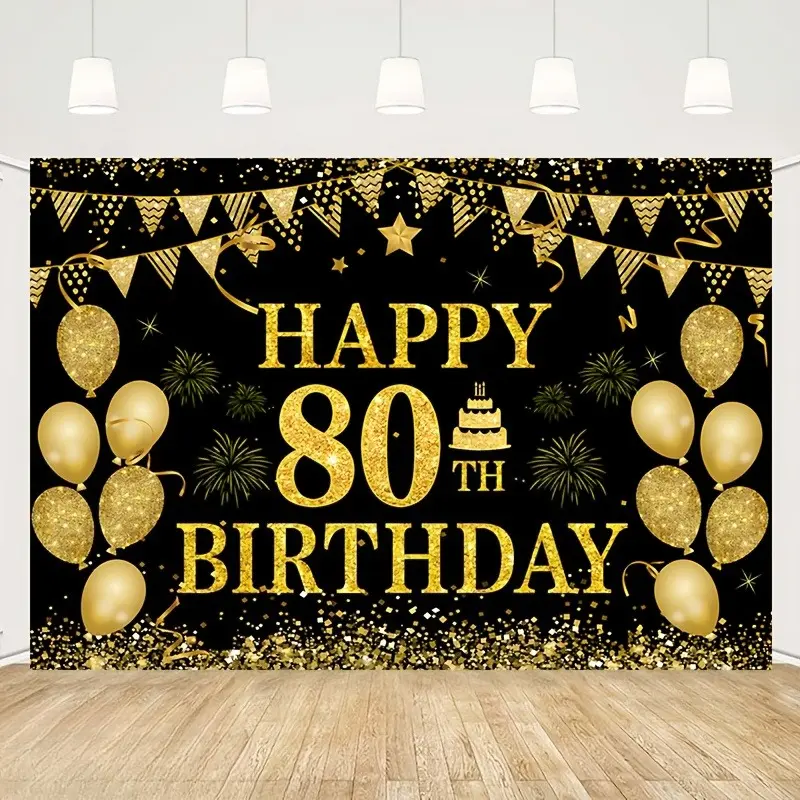 80th Birthday Celebration Backdrop Banner Black Gold Luxury Style Tapestry Wall Hanging Photography Background Polyester Fiber Elegant Party Decor for Indoor Outdoor Birthday Event Studio Photo Booth Props
