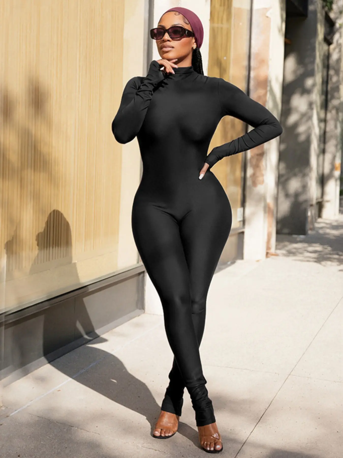 Women's Shiny Satin High-Neck Footed Jumpsuit, Long Sleeve Fitted Bodycon Jumpsuit, Nightclub Streetwear Sexy
