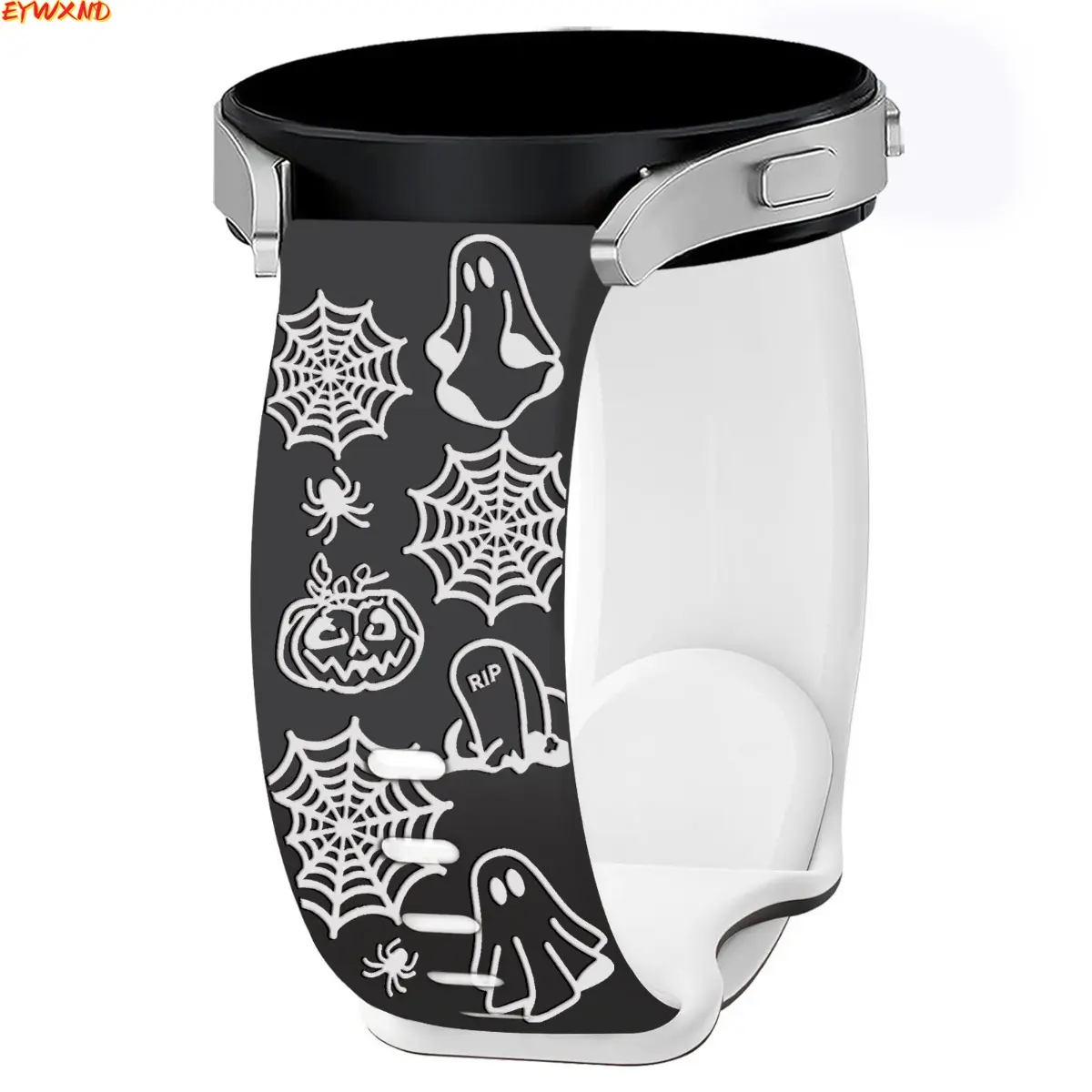 Halloween Engraved Silicone Watch Band 20mm 22mm, Dual‑Color Black‑White Ghost Spider Web Pumpkin Tombstone Pattern Replacement Strap, Spooky Festive Soft Sport Wristband for Galaxy Watch, Holiday Party Gift for Women Girls tiktokshopbacktoschool