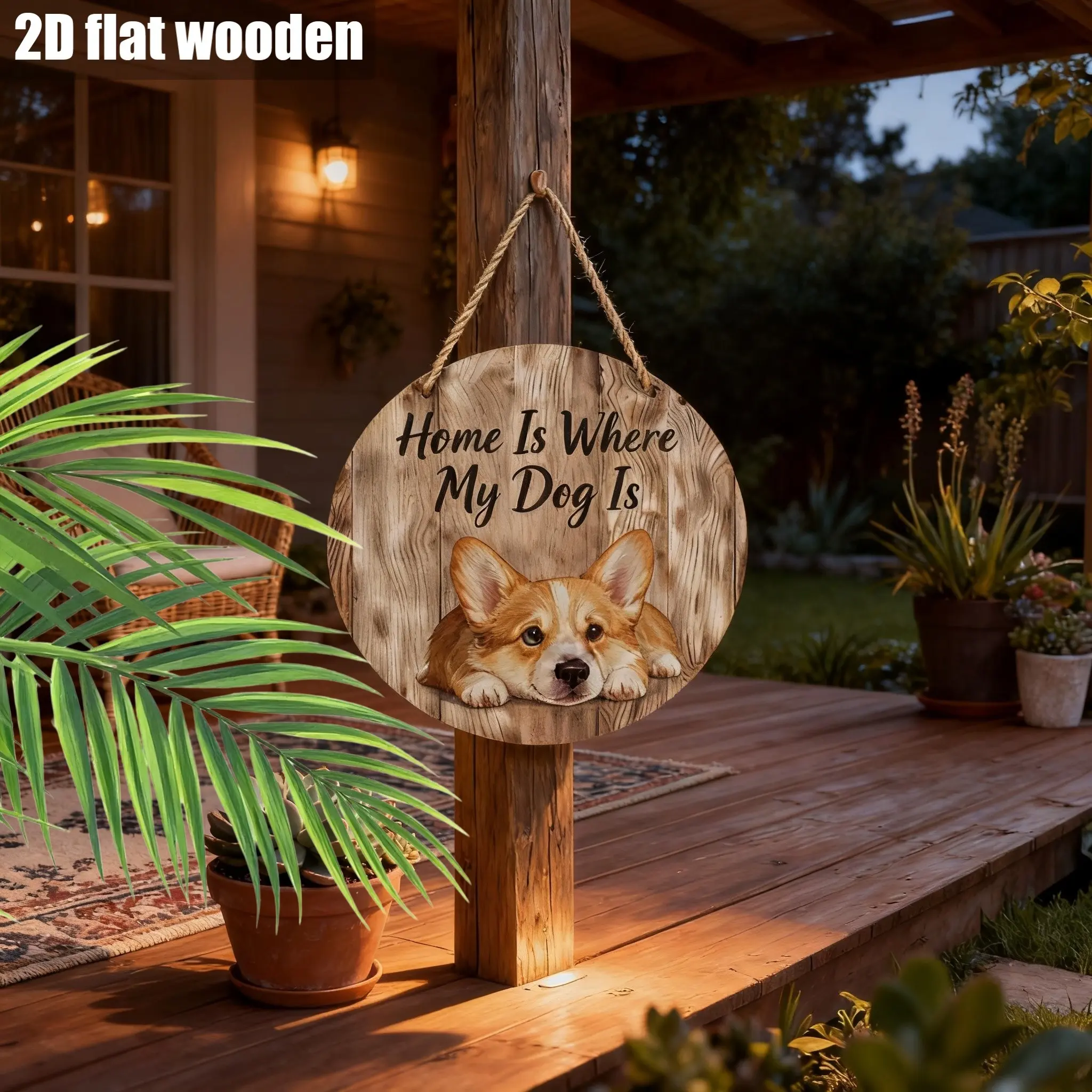 2D Wooden Round Wall Hanging, Cute Corgi Pattern, Farmhouse Front Door Decor, Pet Lover's Porch Ornament, Moving Gift for Dog Owners