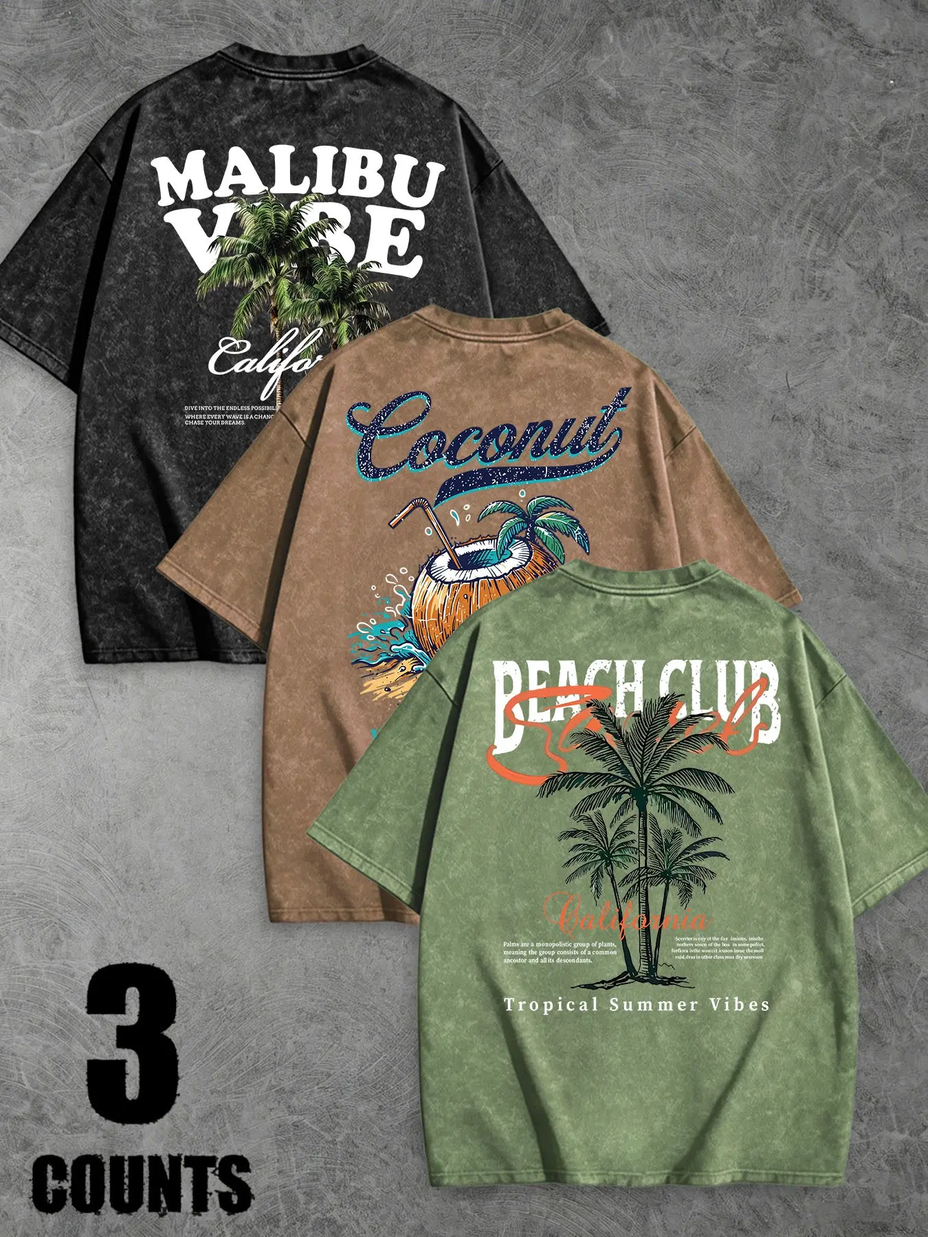 Men's Vintage Washed Oversized Short Sleeve T-Shirt, Casual Graphic Tee, Menswear, California Malibu Coconut Palm Tropical Beach Letter Back Print Lightweight Breathable Summer Surf Vacation Casual Streetwear, Casual Summer Clothing, Tops