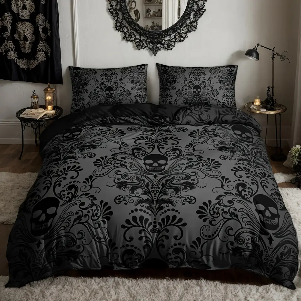 3pcs Black Skull Baroque Gothic Art Retro Duvet Cover Set (1 Duvet Cover + 2 Pillowcases Without Pillow Core) Home Dormitory-Definition Digital Print Large Size Extra Large Duvet Cover, Bedding Set, Room Design, Creative Bedding, Adventure Pattern, and Gi