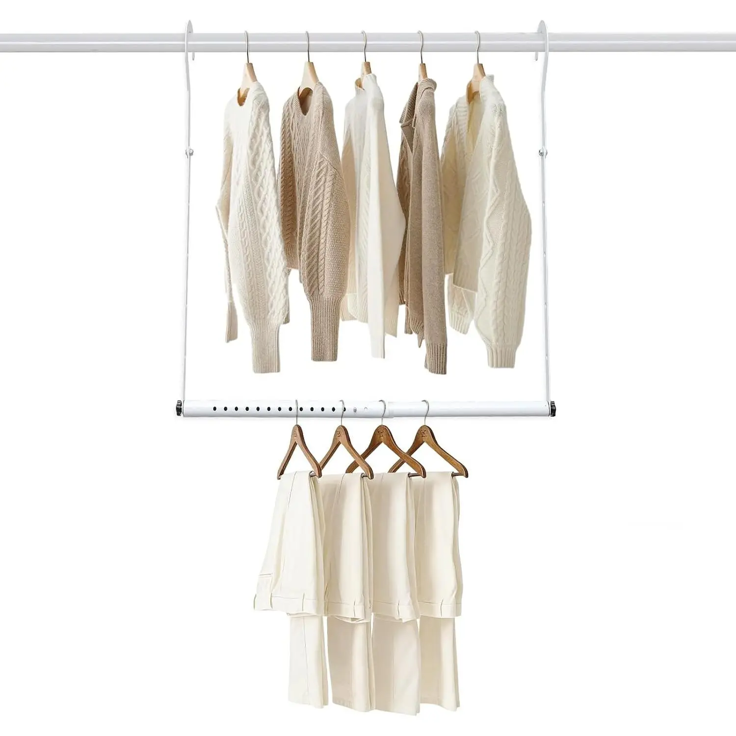Hanging Closet Rod Extenders, Adjustable Width and Height Closet Extender Hanging Rod, Space-Saving Closet Hanging Rod, Heavy Duty Closet Bar for Hanging Clothes, 1 Pack White