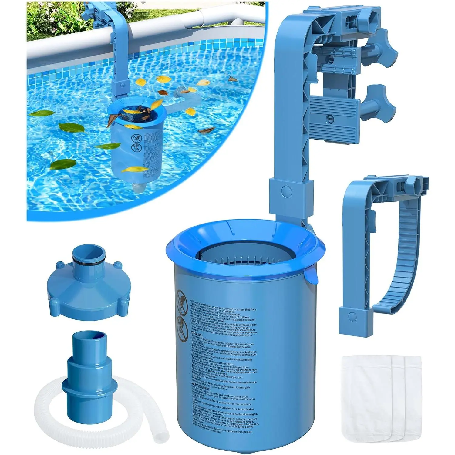 Upgrade Above Ground Pool Skimmer Comes with 3 Socks, Anti-tilt Wall Mount Surface Skimmer, Removable Skimmer Basket, Adjustable Height Bracket, Auto Skimming Pool Surface Leaves - Blue