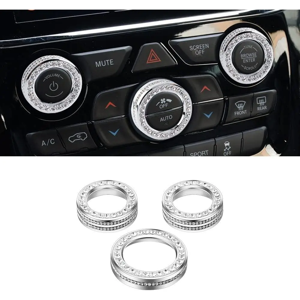 PIFOOG 3pcs Crystal Bling Car AC Knob Covers - Exquisite Czech Rhinestones Car Interior Decoration, Metal Silver Trim Kit Perfectly Fit Jeep Grand Cherokee/Cherokee 2014-2021 for Women Men, Premium Plating Zinc Alloy