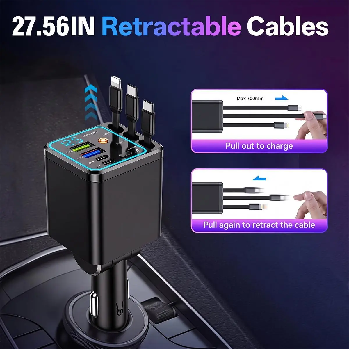 Ultimate Power Station for Phone, Car Charger with Starry Sky Projector, 66W USB-A + 20W PD Fast Charging, Retractable Dual Type-C Cables, RGB Atmosphere Lamp, Digital Voltage Display, Power Hub for Phone Pad Laptop, 180° Rotating