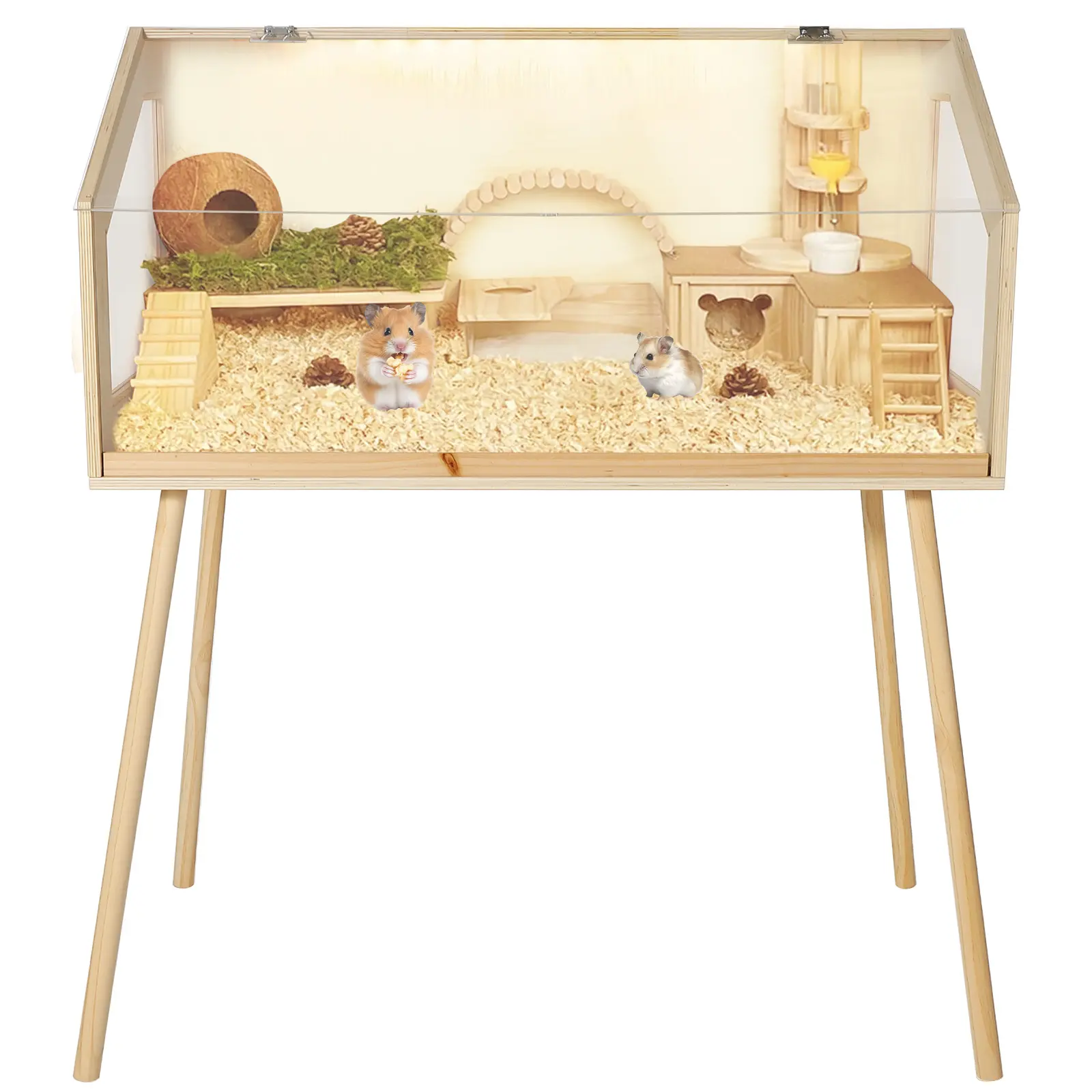 Acrylic Hamster Cage with Openable Top – Chew-Proof Wooden Enclosure with Elevated Platform for Dwarf Hamsters, Gerbils & Mice, Ventilated Small Pet Habitat