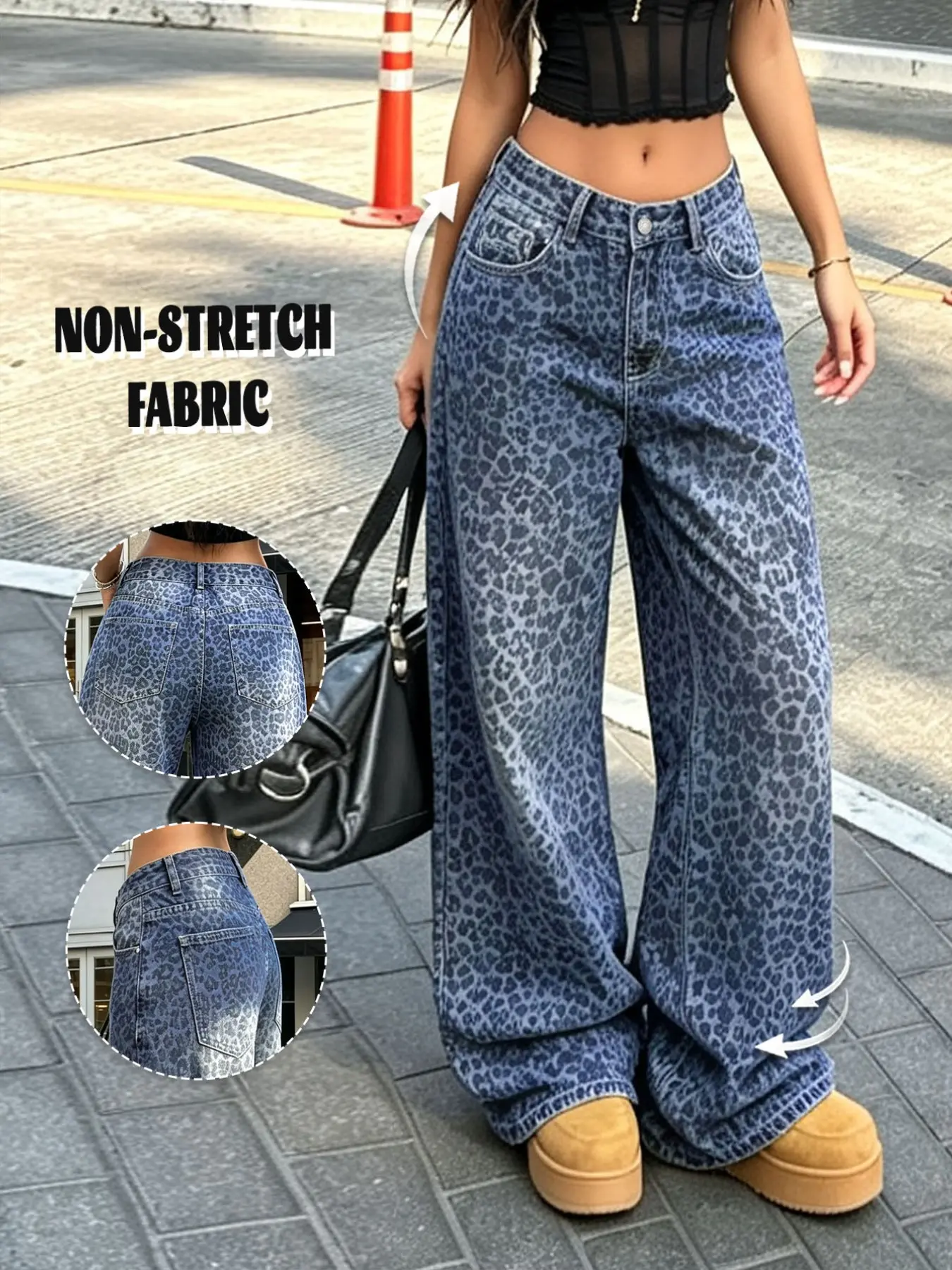 GILIPUR Women's High Waist Leopard Print Wide Leg Jeans, Non-Stretch Denim Fabric Baggy Pants, Y2K Streetwear TChic
