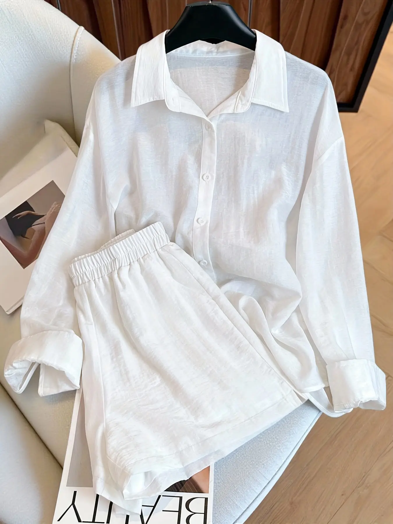 Women's New Loose Fit Basic Casual Collared Top, Fashion Elegant Long Sleeve Shirt, Solid Color Simple Shorts Set, Two-Piece Outfit for Ladies Clothes