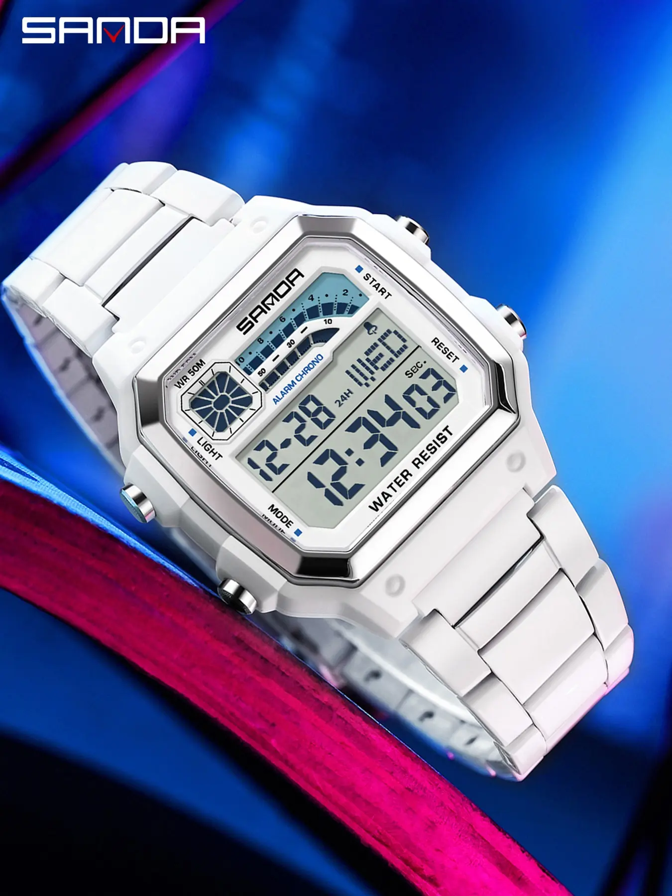 1Pcs Sanda 6196 Retro Metal Small Square Electronic Watch 5Atm Waterproof Multifunctional Chronograph Stopwatch 12/24-Hour Luminous Big Screen Men's Sports Watch Multifunctional Digital Watch