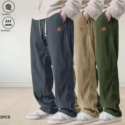 Men’s Draped Baggy Corduroy Straight Wide-Leg Pants - Adjustable Drawstring, Woven Fabric, Chic, Lightweight, Breathable, All-Day Comfort, Autumn Winter Trendy Mens Clothing, Ideal for Everyday Wear