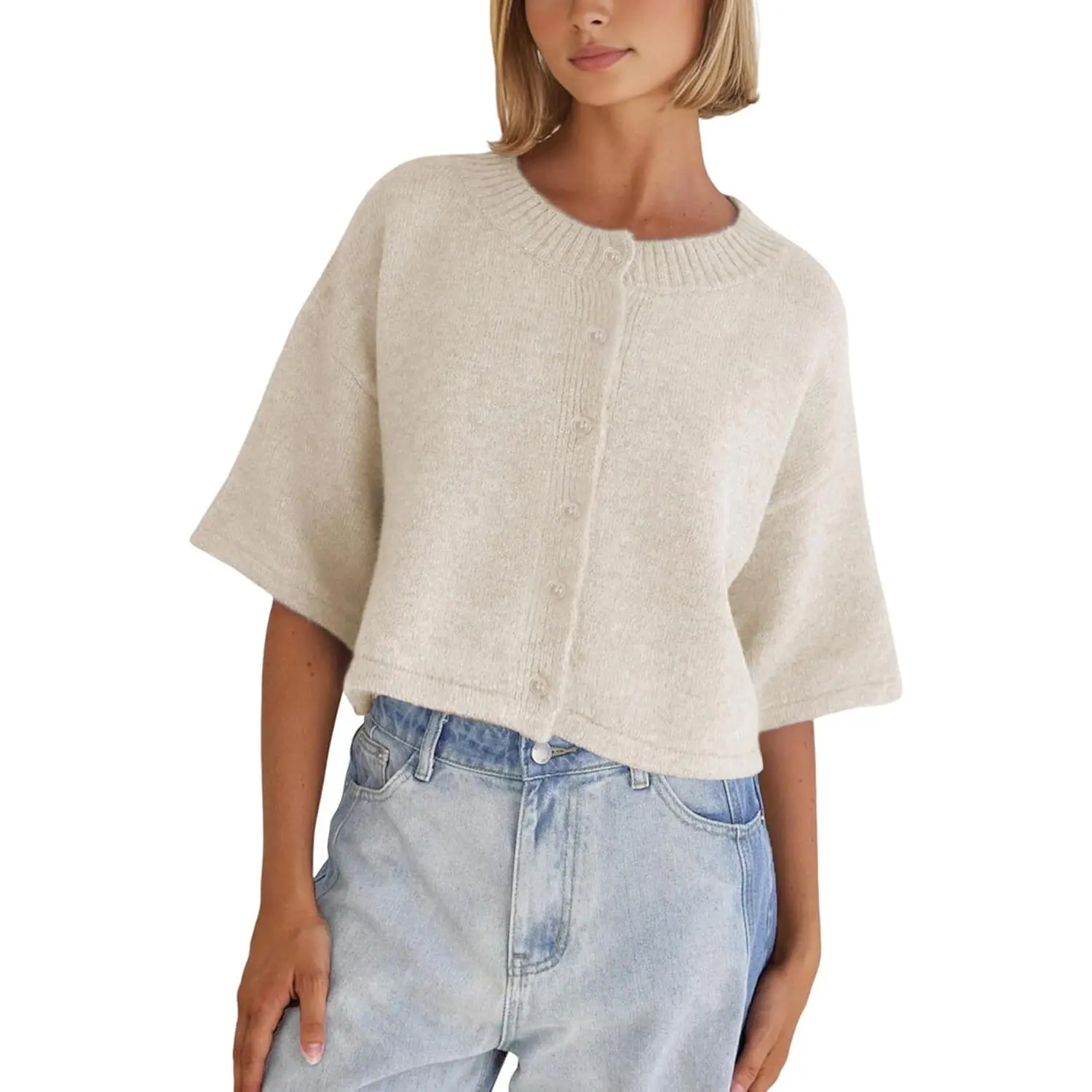 Women's Springrain Basic Fuzzy Comfy Casual Chic Lightweight Cropped Button-Up Knit Cardigan Sweater