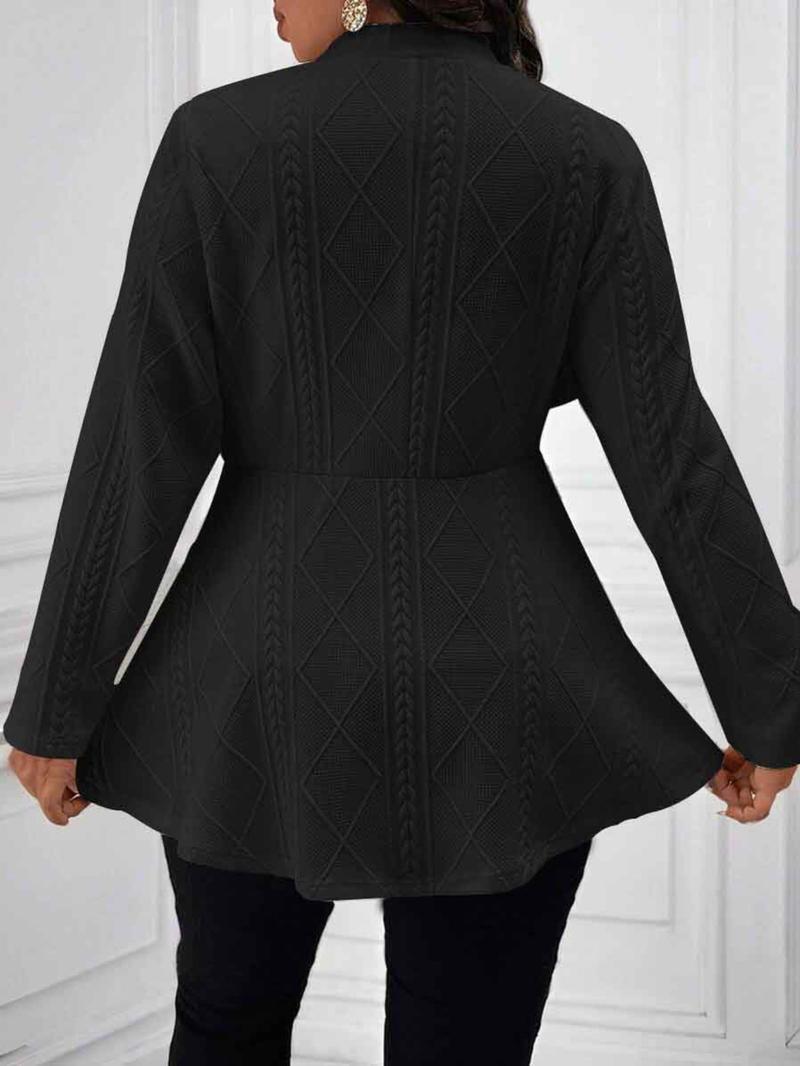 【Plus Size】 Solid Textured Button Front Blazer, Casual Fitted Long Sleeve Deep V Neck Outerwear for Work Office Business, Women's Clothes for All Seasons