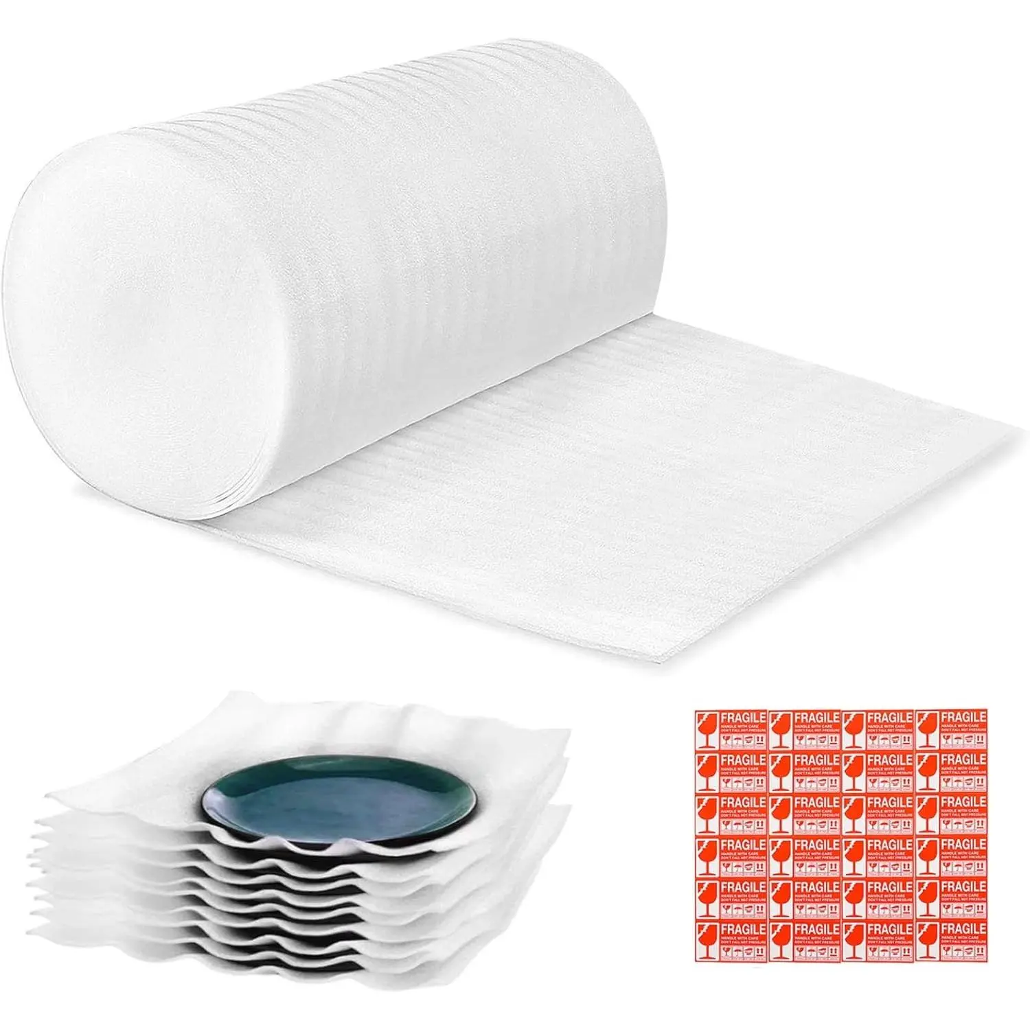 Packing Foam Rolls 15 Wide X 160 Length Foam Wrap Rolls for Moving Shipping Glasses Dishes Carton Stuffing with 60 Pcs Fragile Stickers