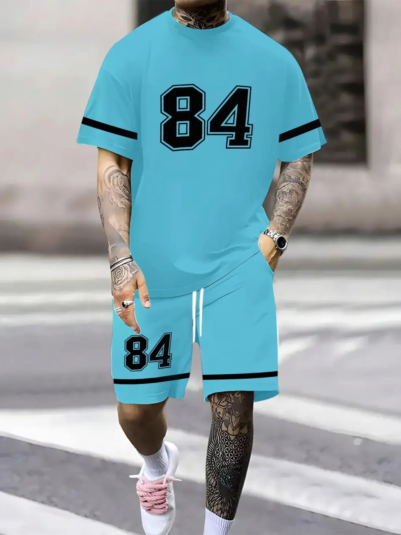 Men's Fashion Round Neck Short Sleeve Shorts Set, 3D Digital Print Number 84, Summer Sports and Daily Wear, Casual Style Outfit