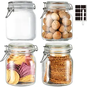 32oz Glass Food Storage Jars with Airtight Clamp Lids,Set of 4 Airtight Glass Canister Square- Clear Storage Container for Kitchen Container Storing Sugar, Flour, Cereal,Coffee,Spice…