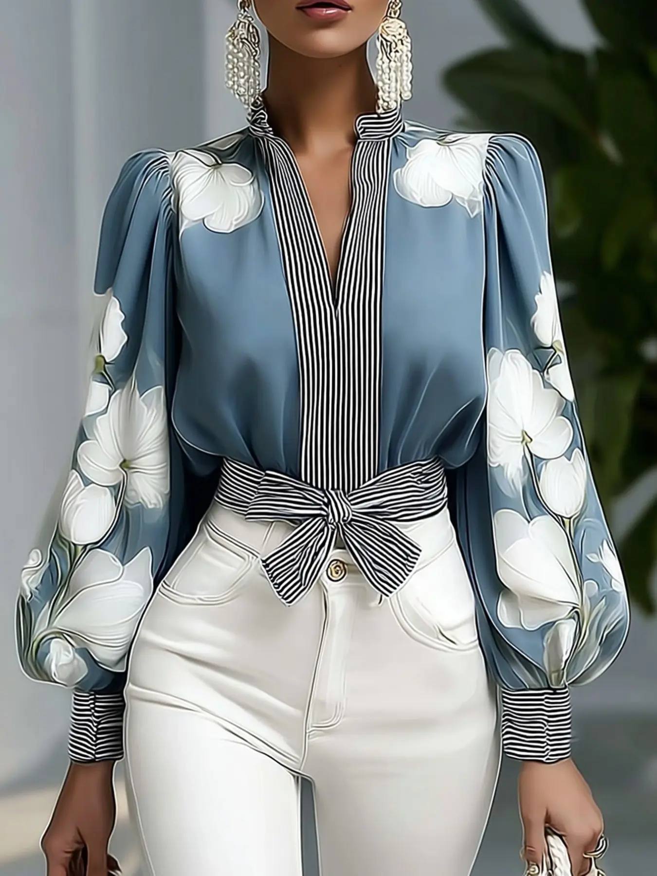 【Faith's Exclusive】Women's Fashion Long Sleeve Top Blouse, Botanical Floral Shirt, Floral Striped Patchwork Design, Stand Collar, Perfect for Fall Winter, Includes Belt