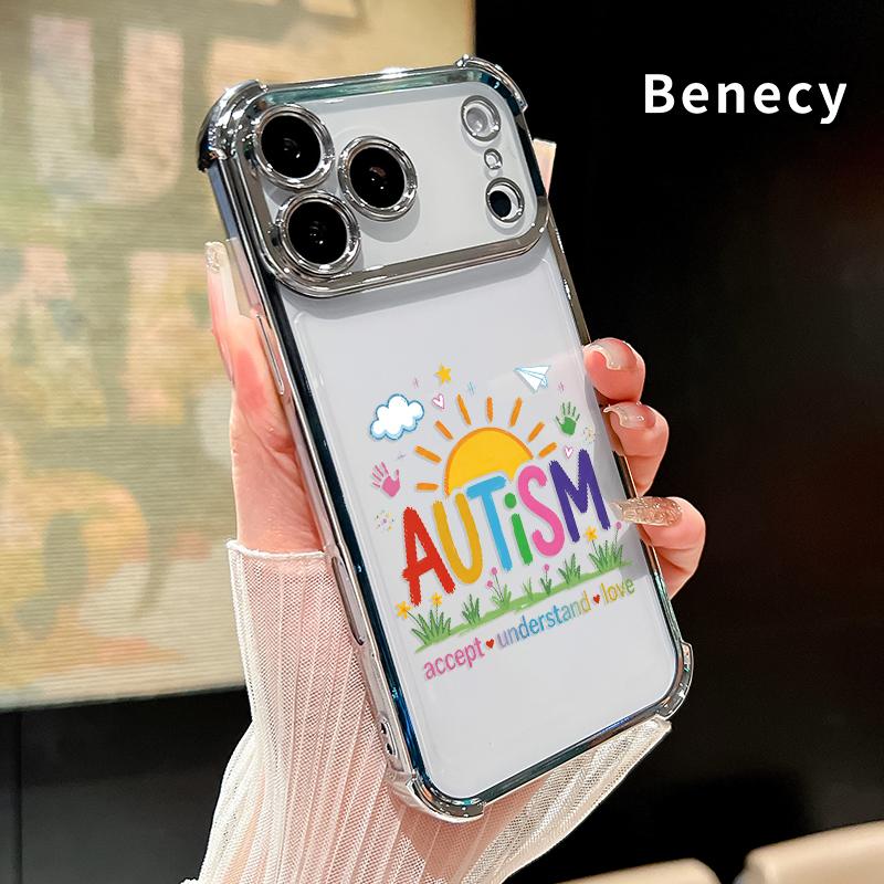 Autism Love & Understanding Pattern Phone Case for iPhone 17 Pro Max 16 15 Plus Air 14 13 12 11 E Electroplated Four-Corner Anti-Fall Protection Cellphone Cover