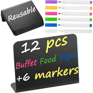12 Pack 4"x3" Small Mini Chalkboard Food Labels for Party Buffet Birthday Bakery Wedding, Food Signs Tags Place Cards Message Board, Includes 6 Wet Erase Markers