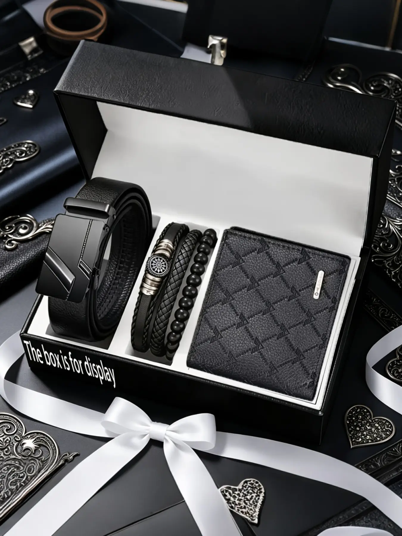 Men's Luxury Five-Piece Set, Rhombus Texture Short Wallet + Auto Buckle PU Belt + 3 Bracelets, Business Casual Accessories, Gift for Father's Day, Complete Accessories Set