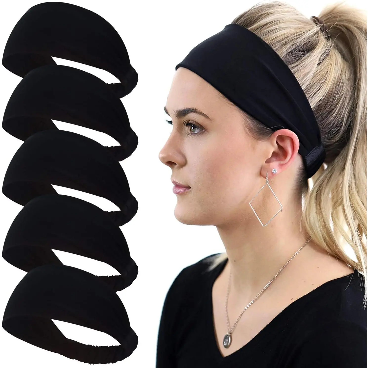 5 Pack Wide Headbands for Women, -Absorbing  Sweatbands, Soft Elastic Yoga Hairbands, Comfortable Hair Bands for Fitness Workout Travel Exercise