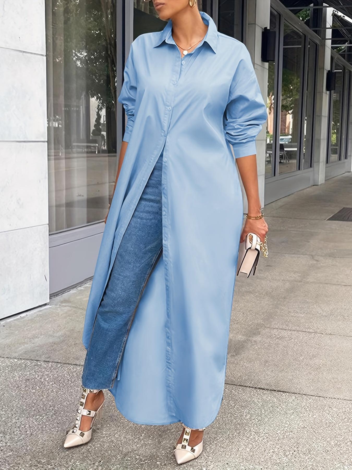 Women's Solid Collared Button Front Long Blouse, Casual Long Sleeve Button Up Shirt, Fashion Women's Spring & Fall Top For Daily Wear