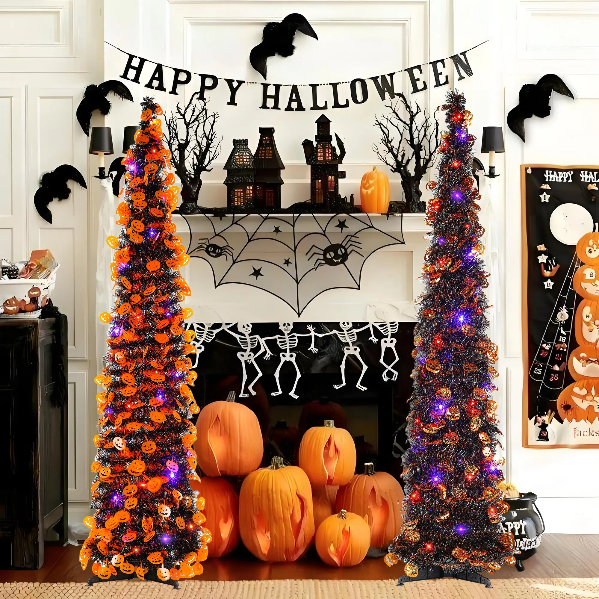 Foldable Halloween Tree, Lights with Timer, Adjustable Flashing Modes, Pumpkin Face Decorations, Indoor Outdoor Use
