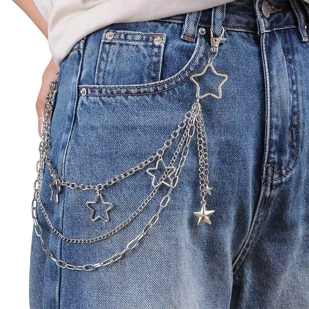 Silver star multi-layer chain pants chain, punk street style jeans chain, unisex hip-hop star pendant wallet chain, fashionable metal waist chain, suitable as a street style decorative chain accessory for jeans, shorts, and skirts