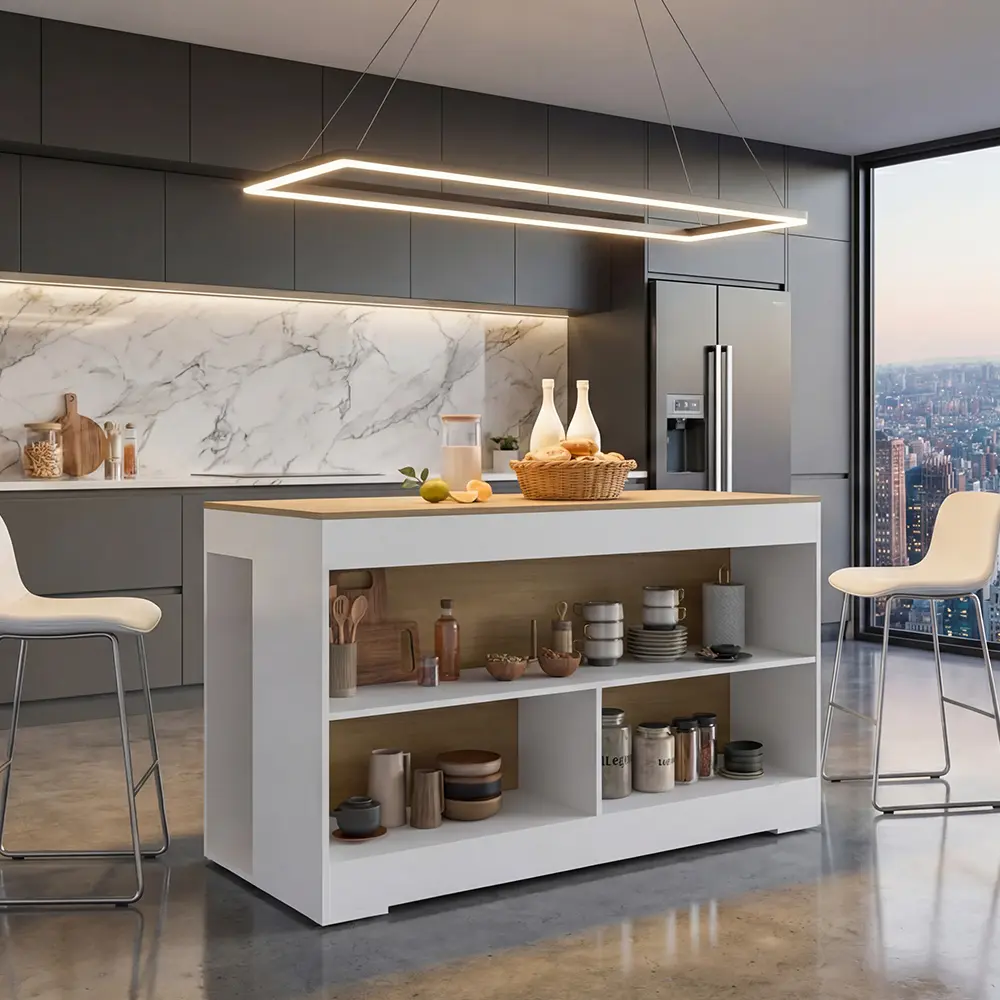ARCH Cuenca Modern Particle Board Counter-Height Dining Counter Table - 3 Open Shelves, Rectangular Kitchen Island Cart, Freestanding Prep Table for Dining Room, Multi-Color, 54.4W x 23.6D x 34.8H in, Medium-Size, Space-Saving, Modern Home Decor