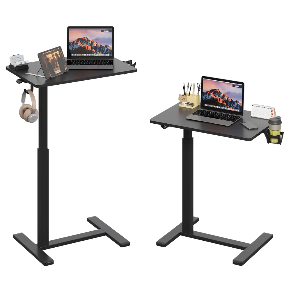 26" x 19" Height Adjustable Mobile Laptop Desk with Gas Spring Lift, Rolling Sit Stand Desk Cart with Wheels, Portable Computer Workstation Table for Home Office, Bedroom, Study, Standing Work Desk with Cup Holder & Headphone Hook, Black