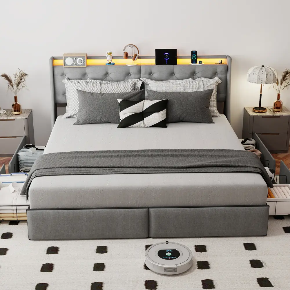 King / Full / Queen Size Bed Frame with Storage Headboard and 4 Drawers, Metal King Bed Frame Platform with LED Light, Charging Station, No Box Spring Needed, Noise Free, Easy Assembly, Grey