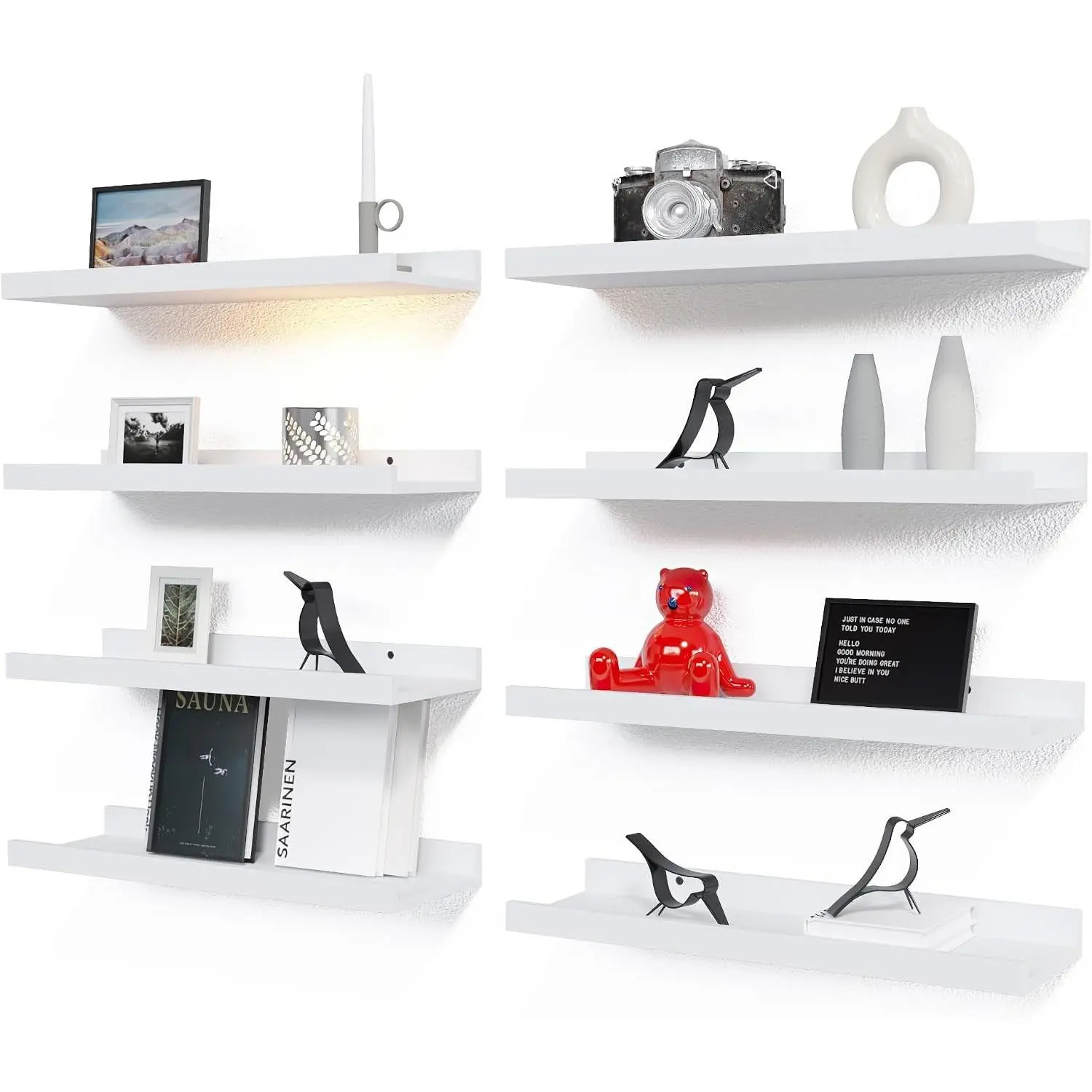8 Set Floating Wall Mounted Shelves, Nursery Hanging Book Shelves with Lip for Storage, White Display Picture Ledge Shelf for Bedroom Bathroom Kitchen Living Room Wall Decor, Modern White Display Picture Ledge Shelf, Anti-drop lip Shelf for Room Wall