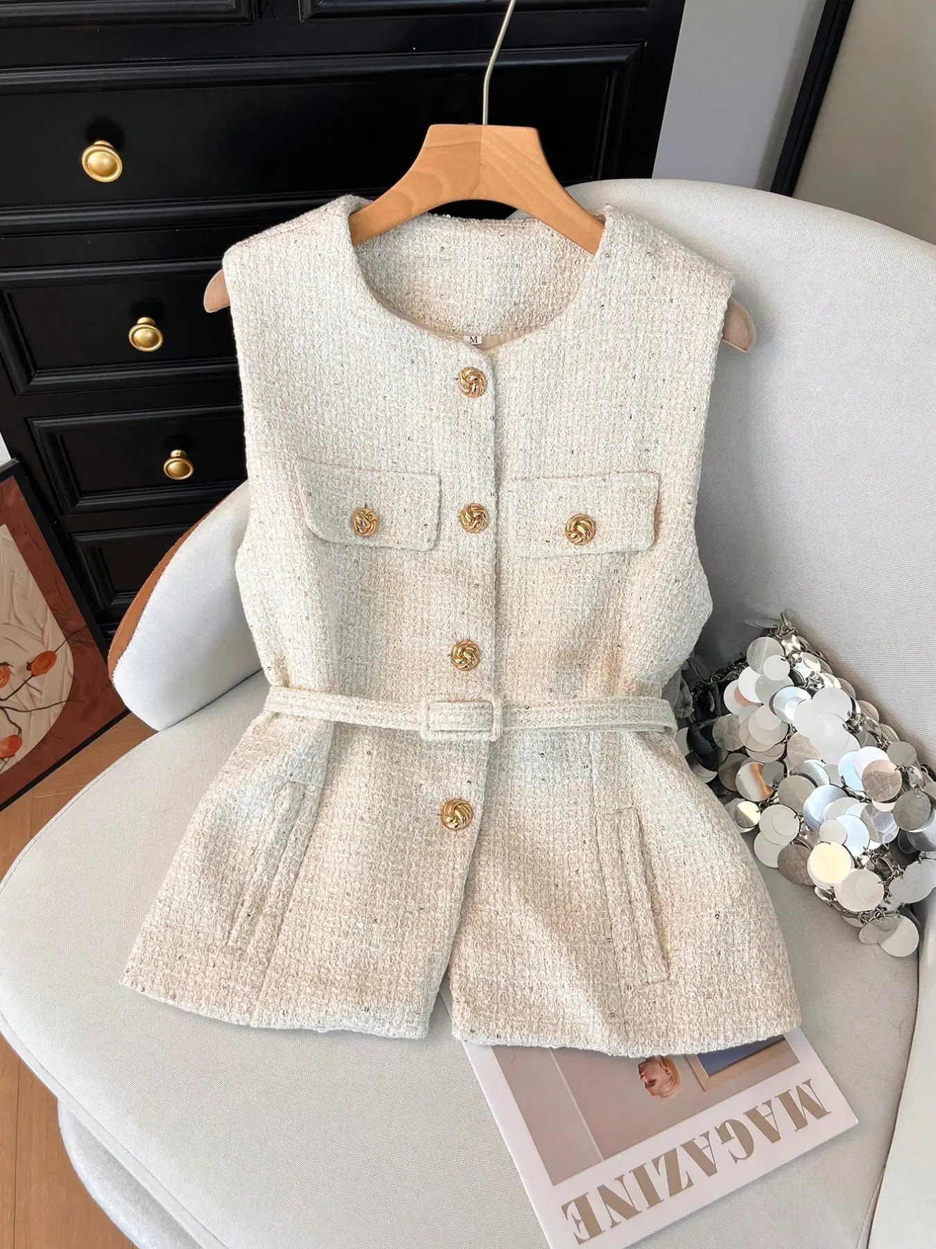 Women's Summer Autumn Casual Elegant Fashion Loose Sequin Plaid Belted Vest Jacket, June Festival Vacation Season