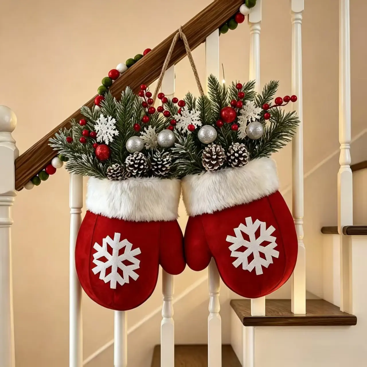 Christmas Wreath Gloves, Snowflake and Colorful Balls, Realistic Pine Branch Design, Simple Style Christmas Hanging Decoration for Doorways and Windows