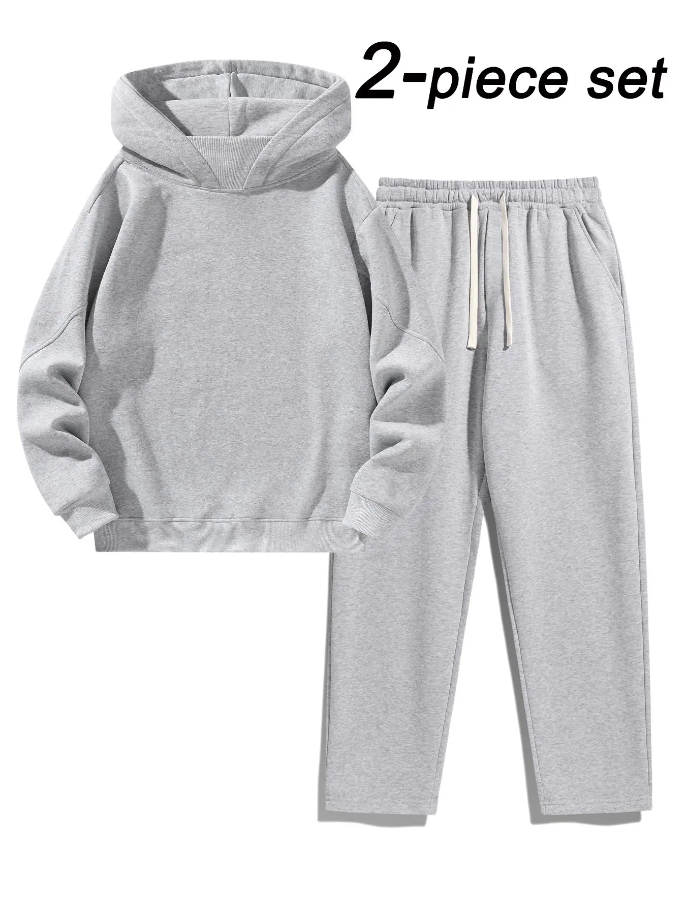 Men's Two-Piece Sport Set, Plain Loose Fit Hooded Sweatshirt with Drawstring Waist, Casual Street Style, Spring & Fall Wear