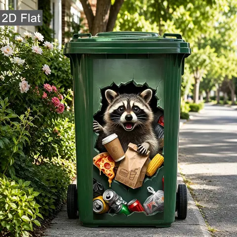 Funny Raccoon Trash Can Decal, UV Vinyl Self-Adhesive Sticker, Surfaces, DIY Decor for Kitchen, Yard & Garage Recycle Bins, Animals Pattern