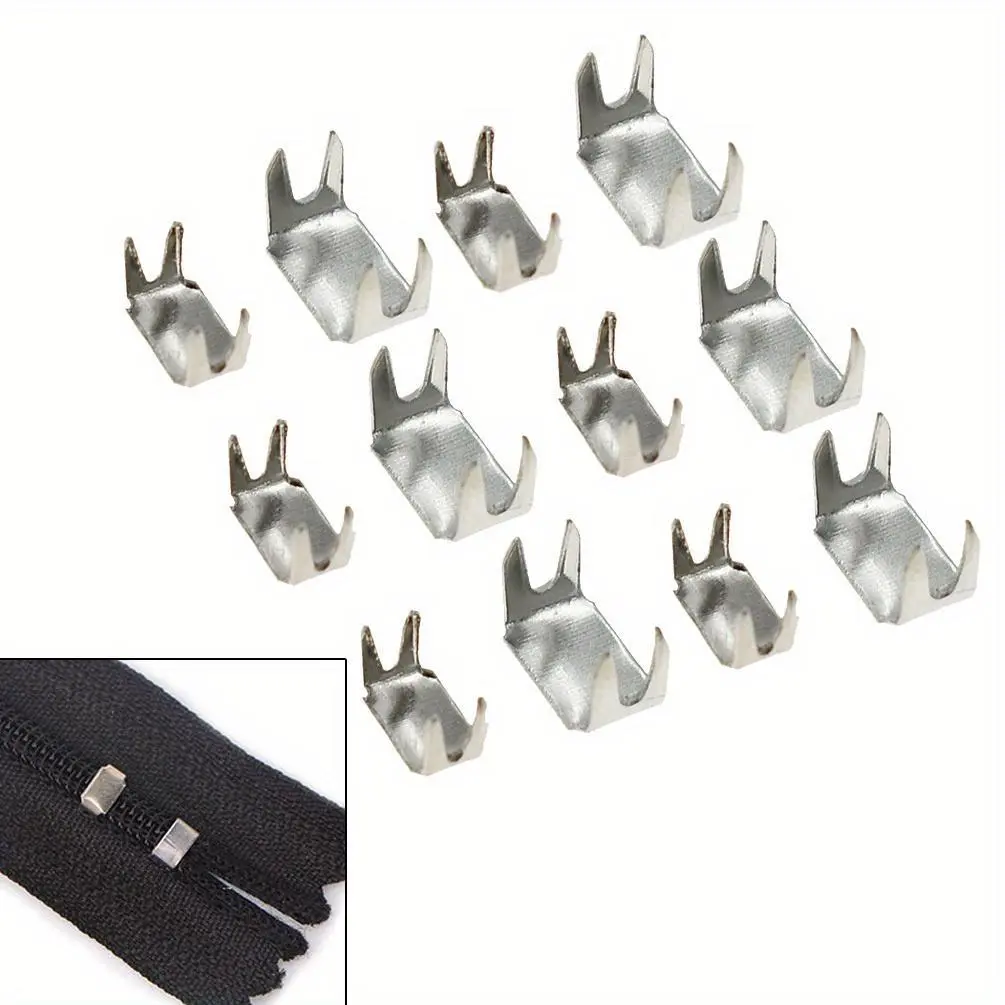 100 Pcs Metal Zipper Ends – #3 & #5 solid copper zipper stoppers with four-prong design. Durable zipper end stops for nylon zippers, sewing, clothing repair, bags, luggage, DIY crafts and garment making.