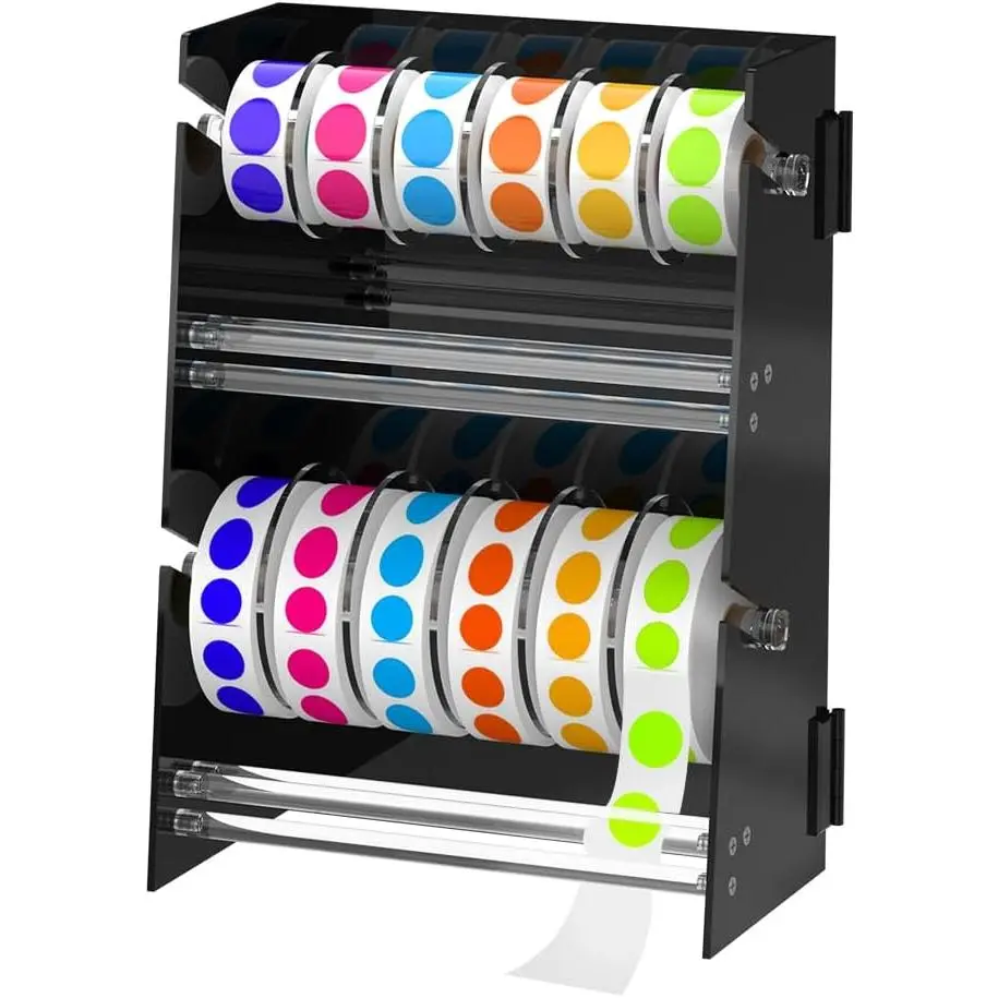Adjustable Label Dispenser - 12 Disks  Sticker Roll Dispenser(Black) | Multi-Use Double-Layer  Sticker Roll Holder, Label Holder Sticker Holder Organizer, Desktop Label Stand for  Office