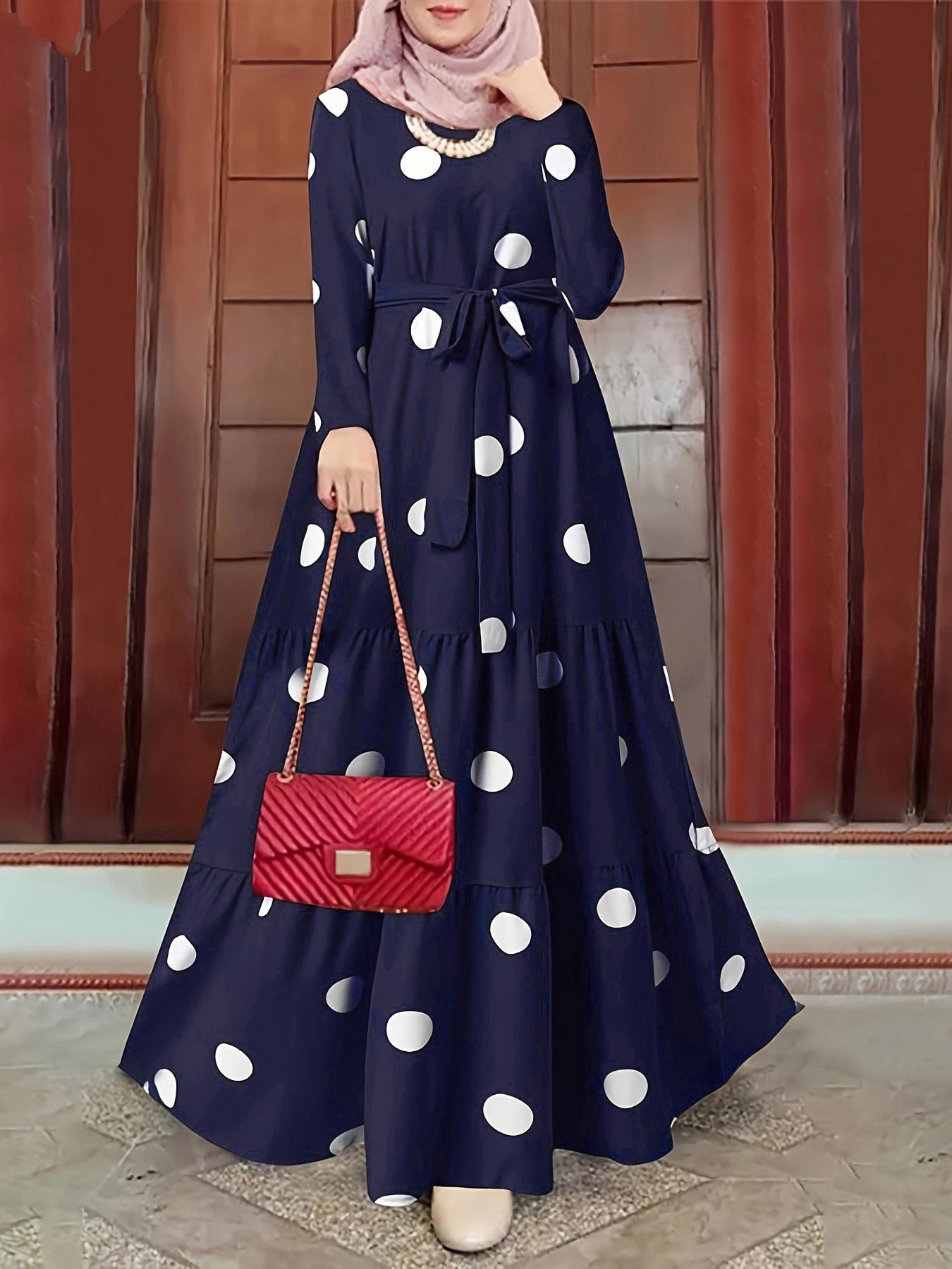 Women's Polka Dot Print Keyhole Back Ruffle Hem Flowy Belted Dress without  Hijab, Modesty Casual Long
