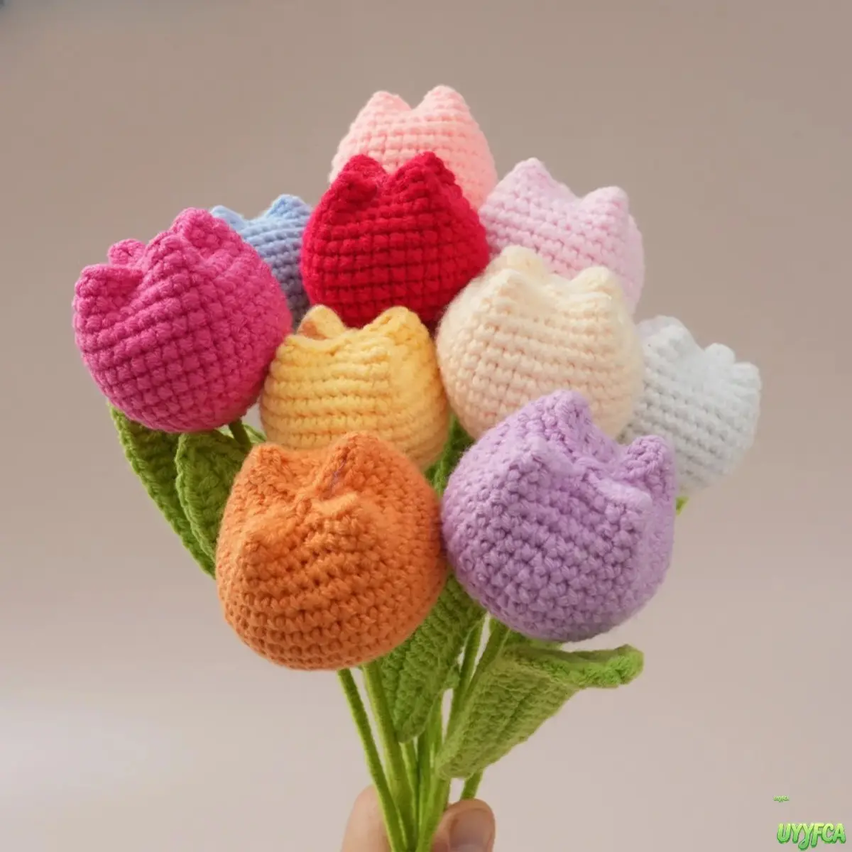 Crochet Tulip Single Stem, Pastel Soft Yarn Knitted Flower, Long Lasting Faux Decorative Centerpiece for All Seasons Vase Decor & Bouquets