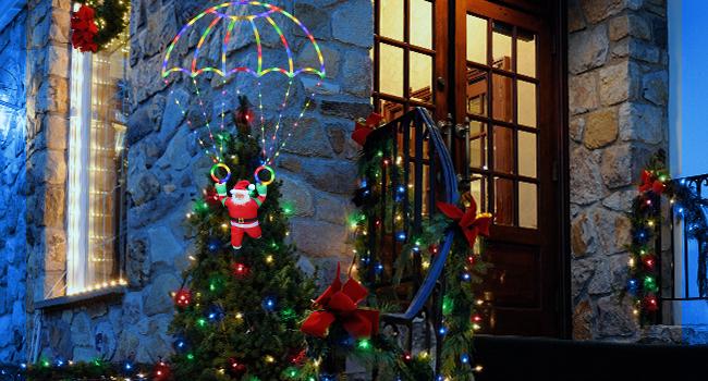 2.8ft Christmas Parachute Lights (Red&Green/Multicolor)，Santa design, waterproof, 8 lighting modes,Ideal holiday gift,Suitable for indoor/outdoor use, hangable on Christmas trees, eaves or walls