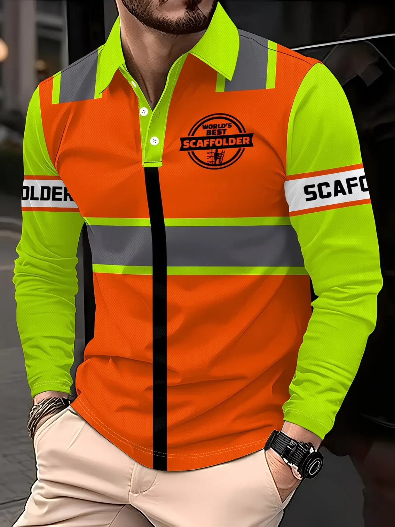 Men's Long Sleeve Safety Vest, Fluorescent Stripes, Casual Graphic Collared Polo Shirt, Loose-Fitting, Spring & Fall Wear