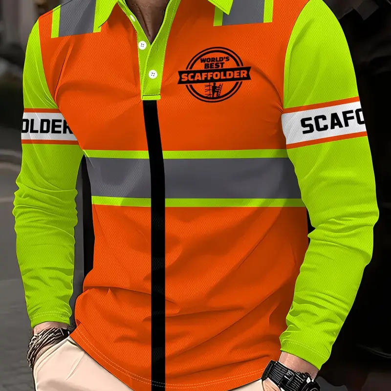 Men's Long Sleeve Safety Vest, Striped Protective Jacket, Casual Loose-Fitting Polo Shirt, Graphic Pattern, Unlined, China Made, Safety Gear