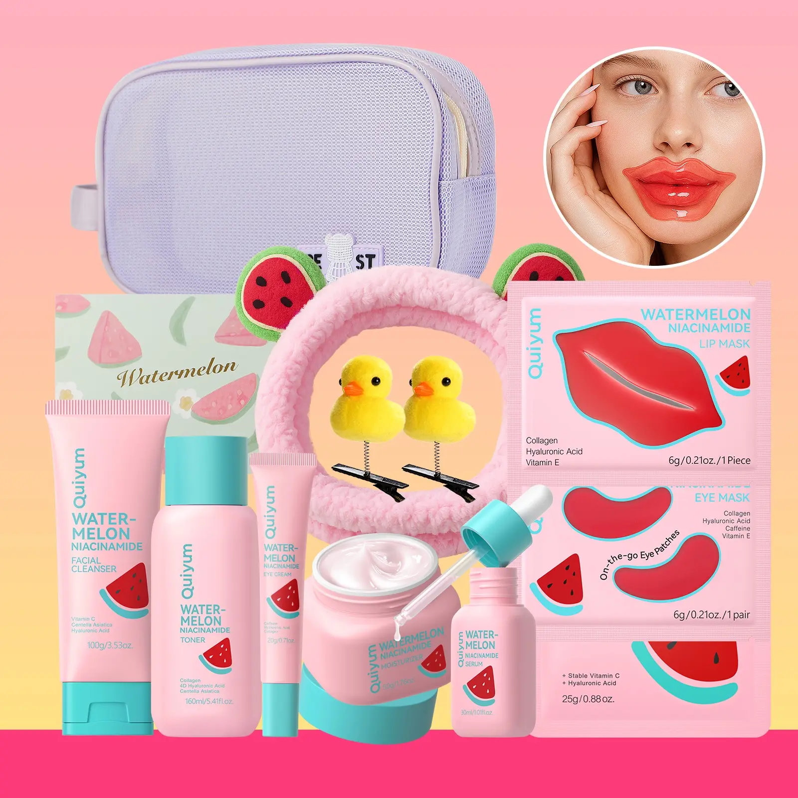 Quiyum Watermelon Niacinamide Skin Care Sets, Face Set, Glow Emergency Set, Beauty Set, Facial Care Set, Cleanser 100g + Toner 160ML + Eye Cream 20g + Moisturizer 50g + Serum 17ML, Skin Care Kit